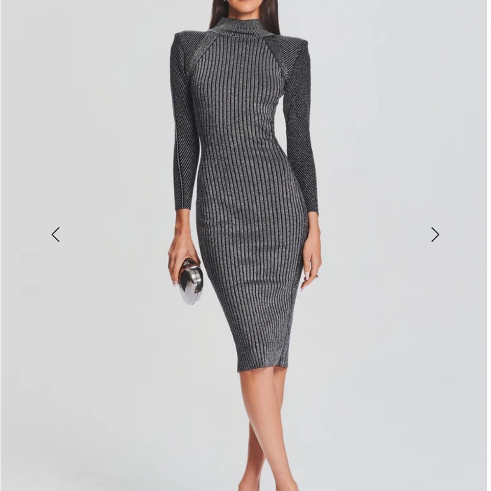 Retrofete Black/Silver Ribbed Bodycon Dress Mock Neck Long Sleeve NEW WITH TAGS